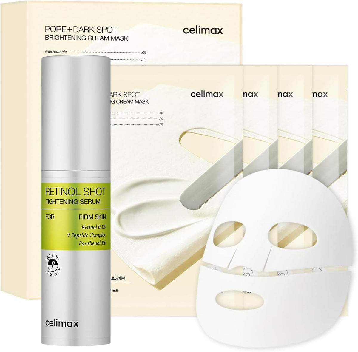 Celimax Retinol Shot Serum and Pore Dark Spot Brightening Cream Mask set front view showing packaging