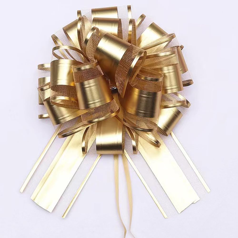 Chexin gold gift pull bows front view of fully assembled six inch flower shape