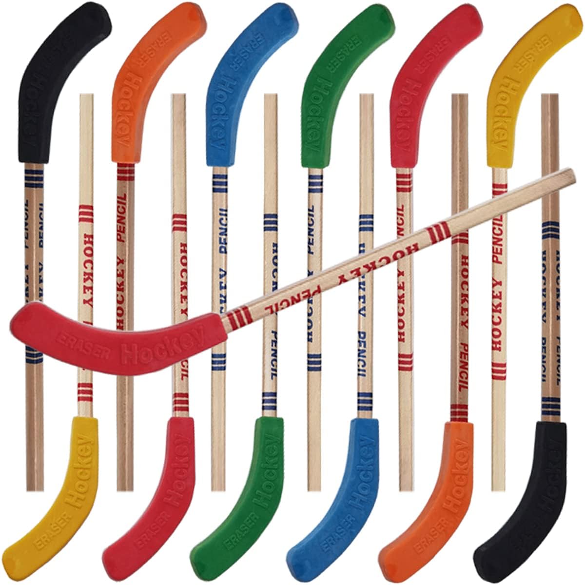 Tihood hockey stick pencils with colorful blade erasers front view