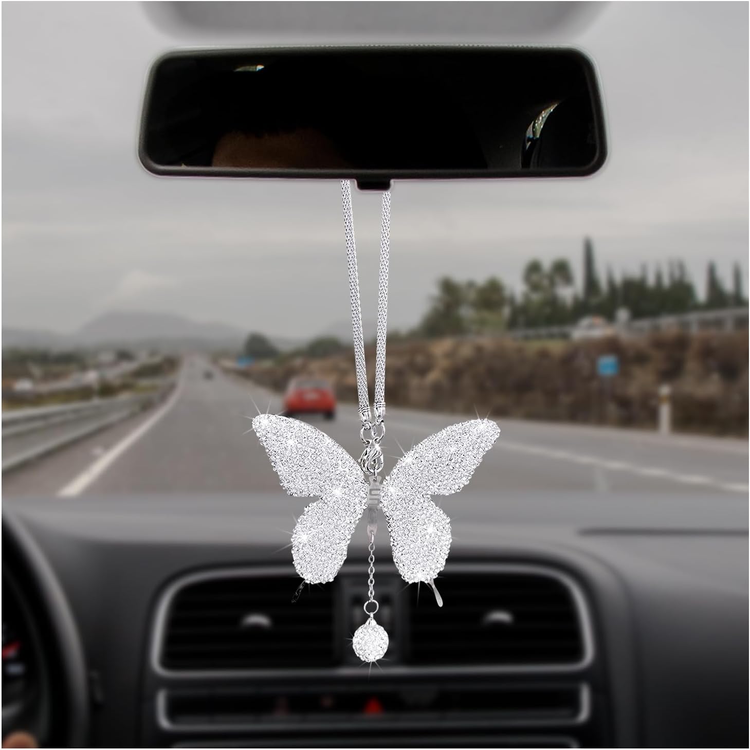 Dickno bling butterfly car accessories front view of white crystal mirror pendant