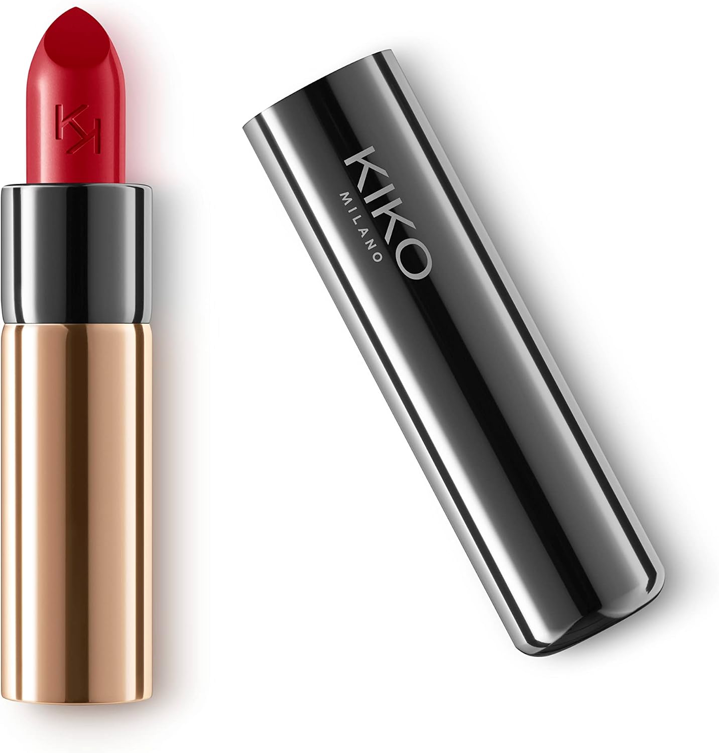 Kiko Milano Gossamer Emotion Creamy Lipstick front view with gunmetal grey tube.