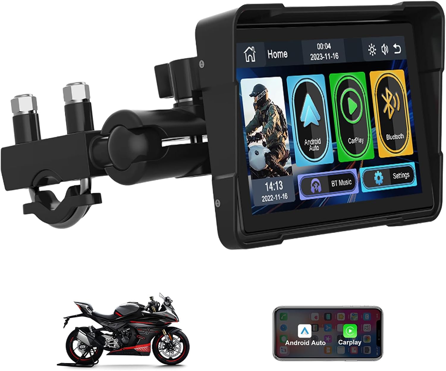 AMEROBO motorcycle wireless carplay screen front view displaying active GPS navigation map layout