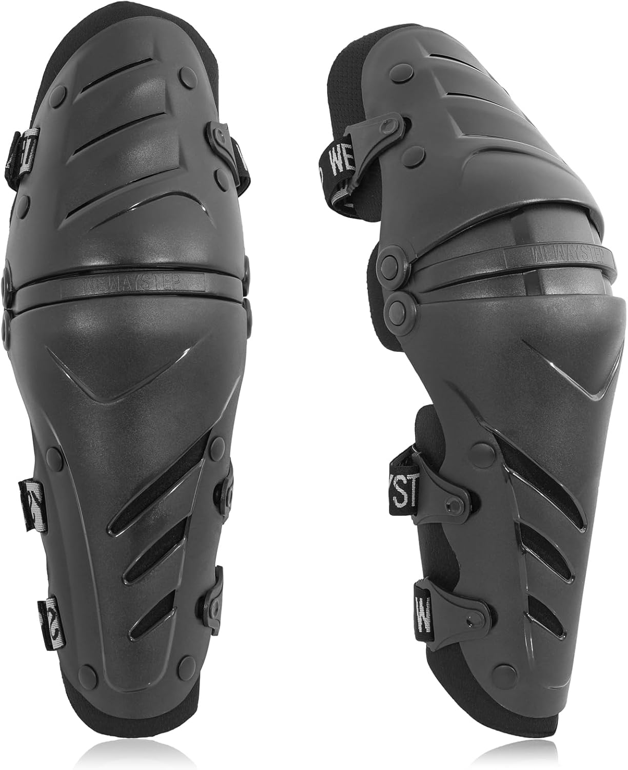WEWAYSTEP motorcycle knee shin guards front view showing the black articulated dual axis hard shell design.
