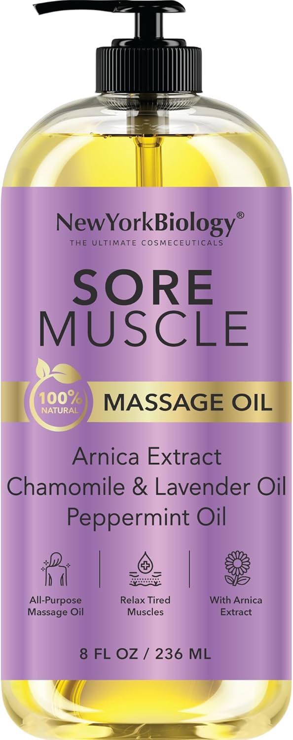 New York Biology Sore Muscle Massage Oil 8 Fl Oz – Made with 100% Natural Oils – Soothing Body Massage Oil - Absorbs Easily - Image 1