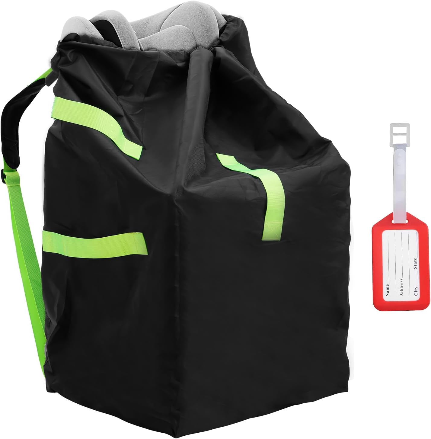 Zihvfzu waterproof car seat travel bag front view showcasing heavy duty black oxford fabric and neon green straps