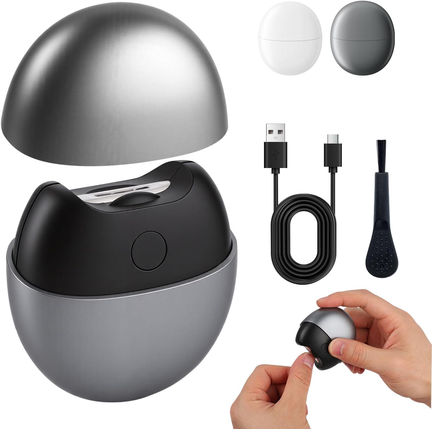 SCAIKTIG electric automatic nail clipper grey front view showcasing its capsule-shaped cordless design