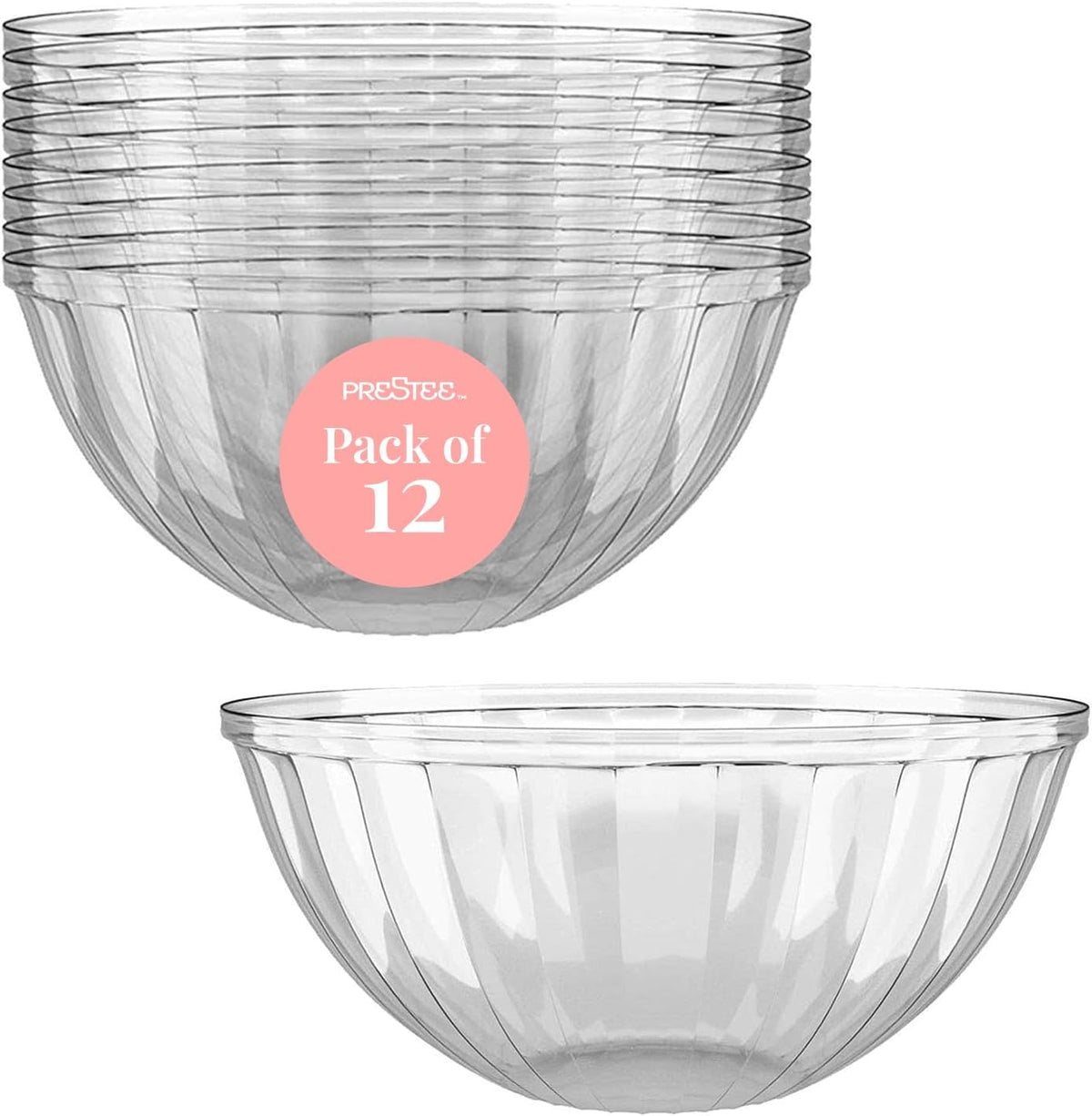 Prestee 12 Pack Clear Plastic Serving Bowls front view for party food catering.