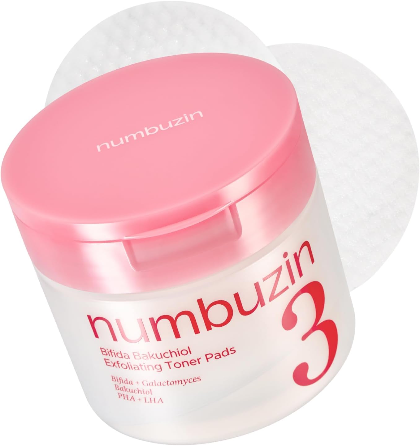 Numbuzin Number Three Bifida Bakuchiol Exfoliating Toner Pads jar front view showing packaging details