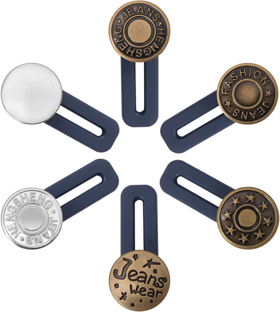 Complete pack of six reusable clothing extender buttons