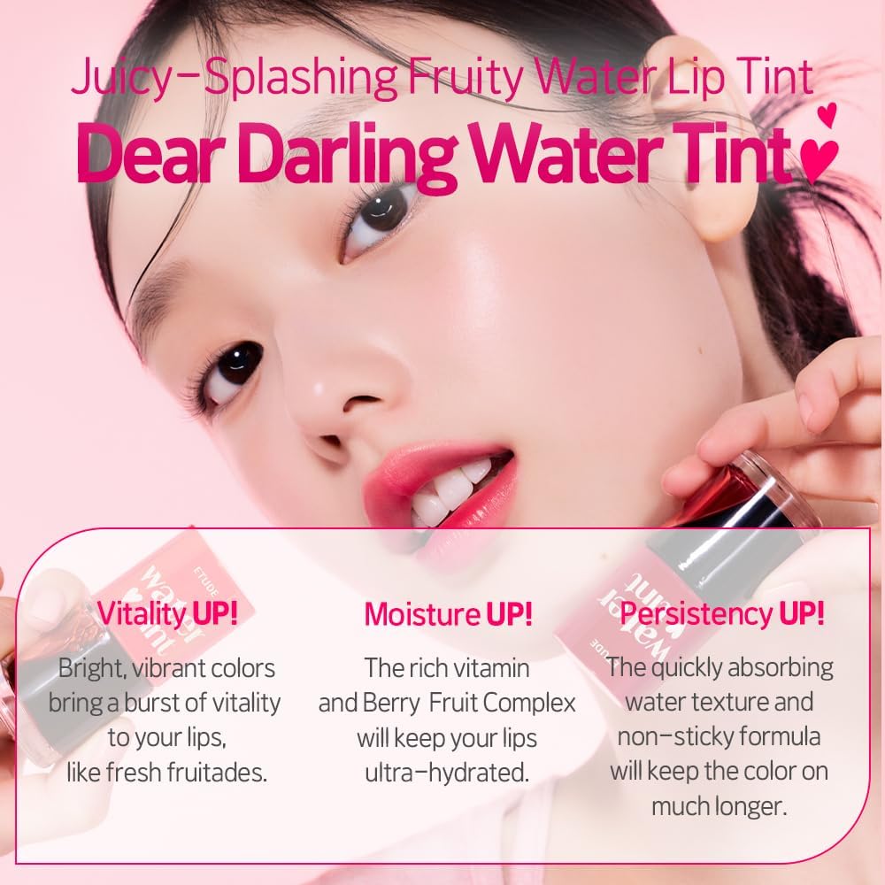 ETUDE lip and cheek stain liquid texture swatches on various skin tones.