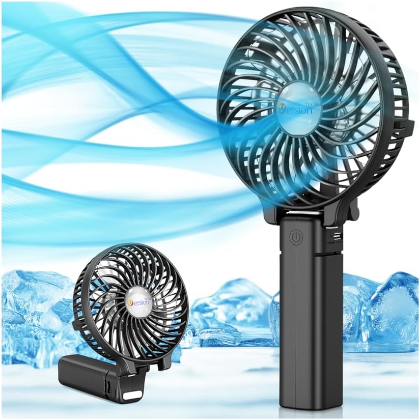 VersionTECH portable handheld fan black front view showcasing the six aerodynamic blades and foldable ergonomic handle design.