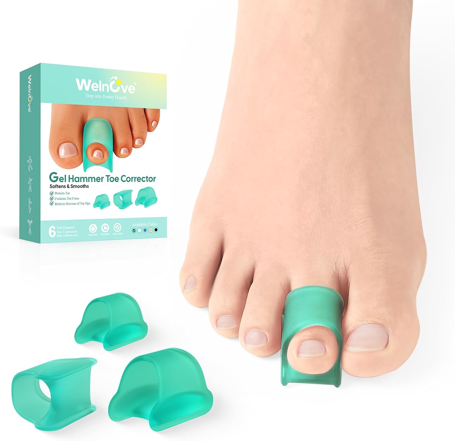 Welnove Hammertoe Corrector - 6 Pack Toe Splints - Soft Gel Toe Straighteners - Realign Bent, Curled, Crooked, Claw, Hammer Toes, 3 Different Sizes (Green) - Image 1