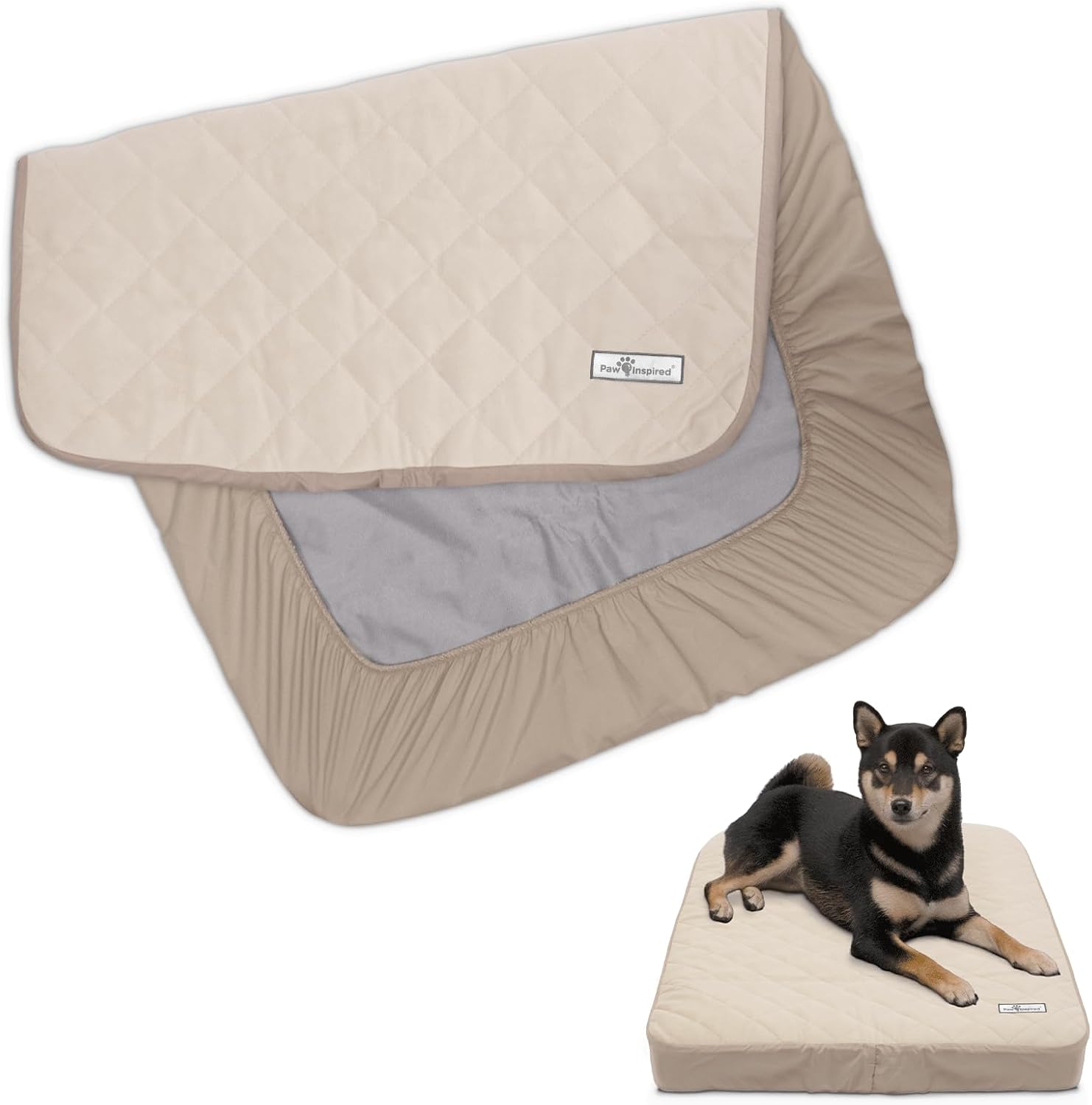 Paw Inspired waterproof fitted cover for dog bed front view showing beige quilted texture