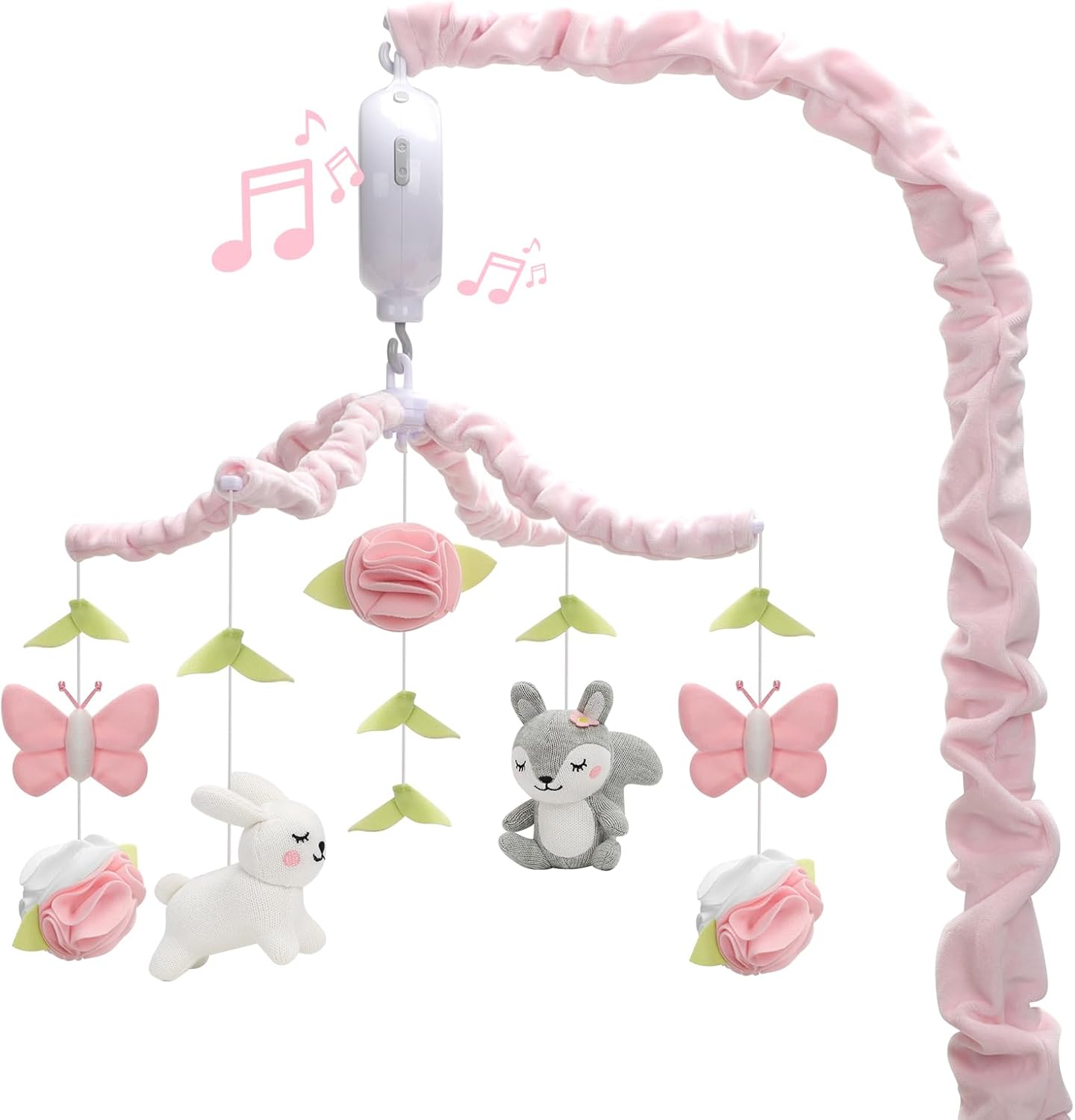 NICEMER baby crib mobile front view featuring knitted pink and white woodland rabbit characters