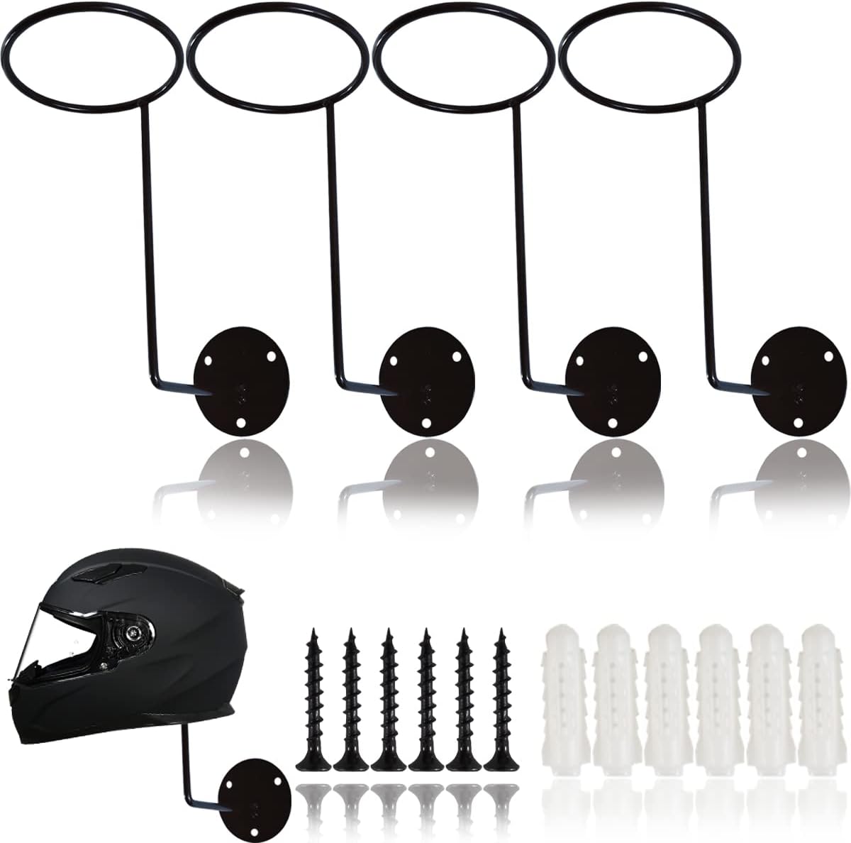 TIHOOD metal helmet holder four piece set mounted on a garage wall showcasing motorcycle gear storage
