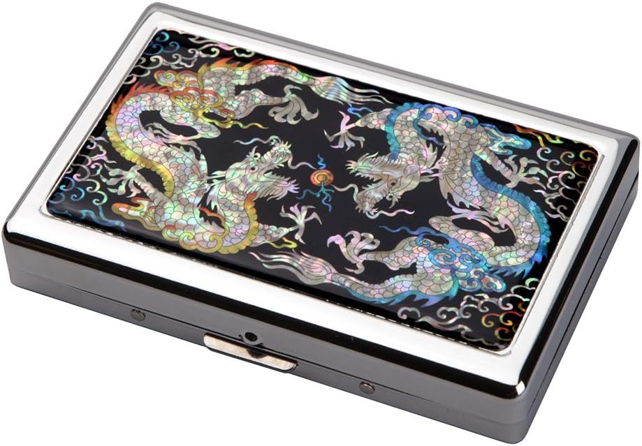 Mother of Pearl 100S Cigarette Case - Yellow Blue Dragon Design Super Slim King Size Metal RFID Blocking Protection Credit Business Card Holder Storage Box - Image 1