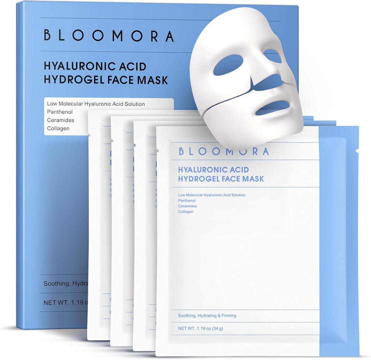 Bloomora hyaluronic acid collagen face mask front view product packaging