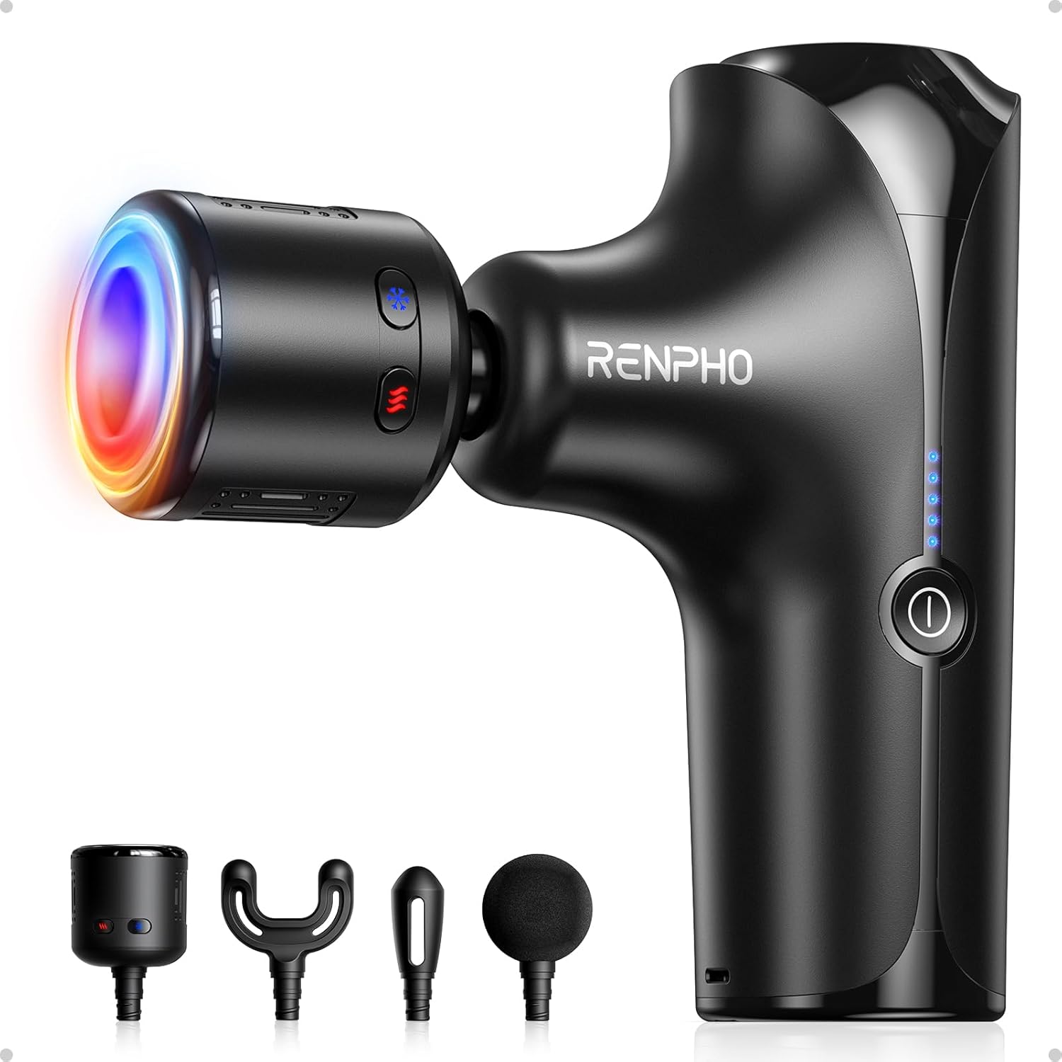 RENPHO Mini Thermacool Massage Gun front view showcasing its shadow black compact design