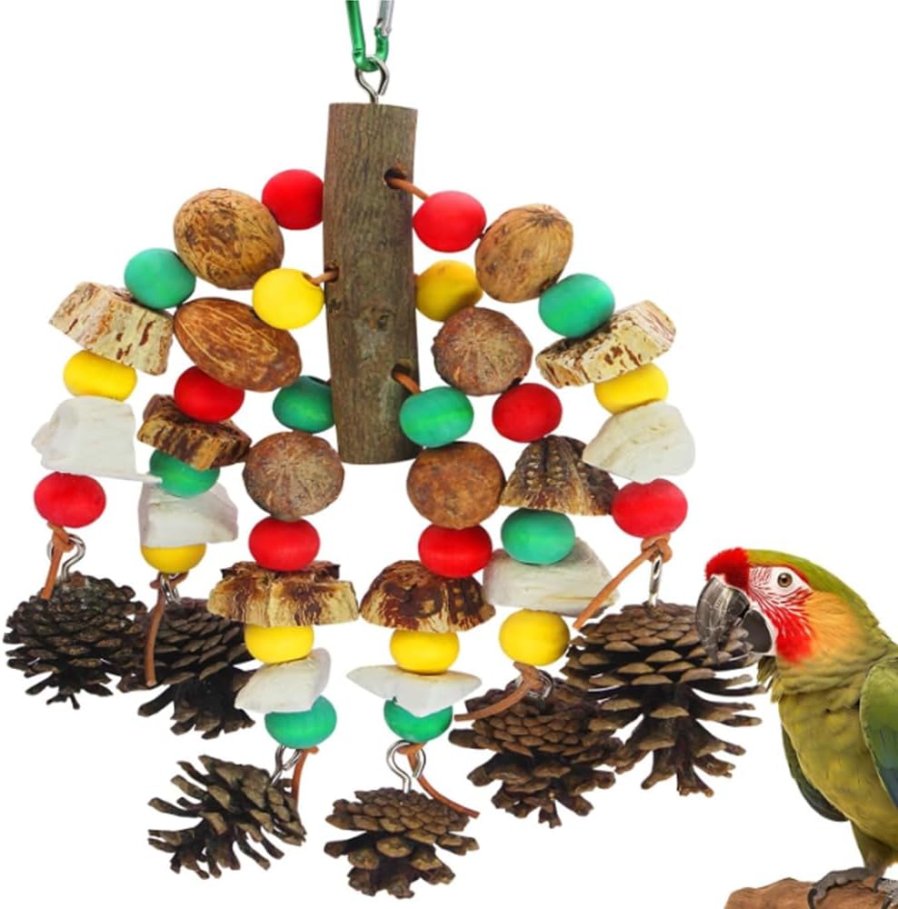 MQUPIN natural wooden parrot toy front view hanging inside a clean bird cage setup