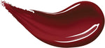 Authentic imported USA makeup product deep red long lasting lip gloss swatch close up.
