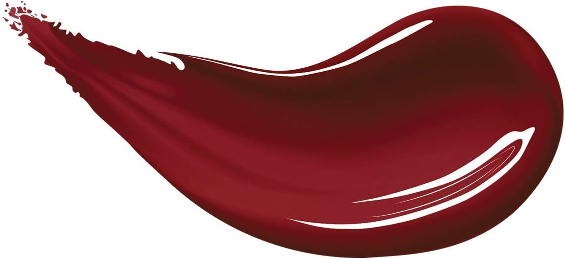 Authentic imported USA makeup product deep red long lasting lip gloss swatch close up.