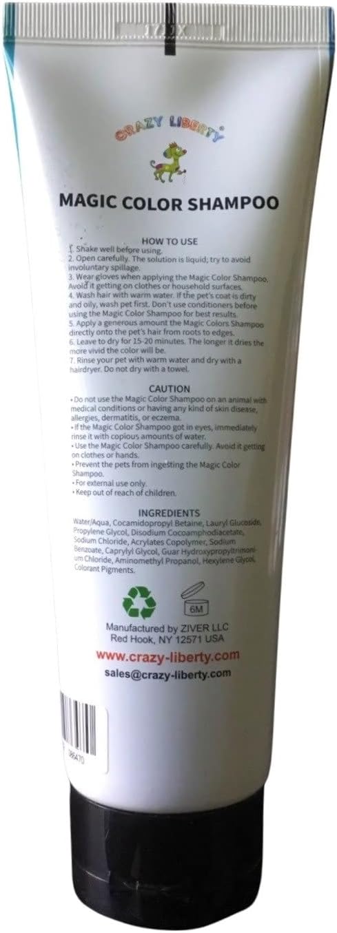 Crazy Liberty Magic Color Shampoo Blue bottle label showing ammonia free pet safe hair dye formula