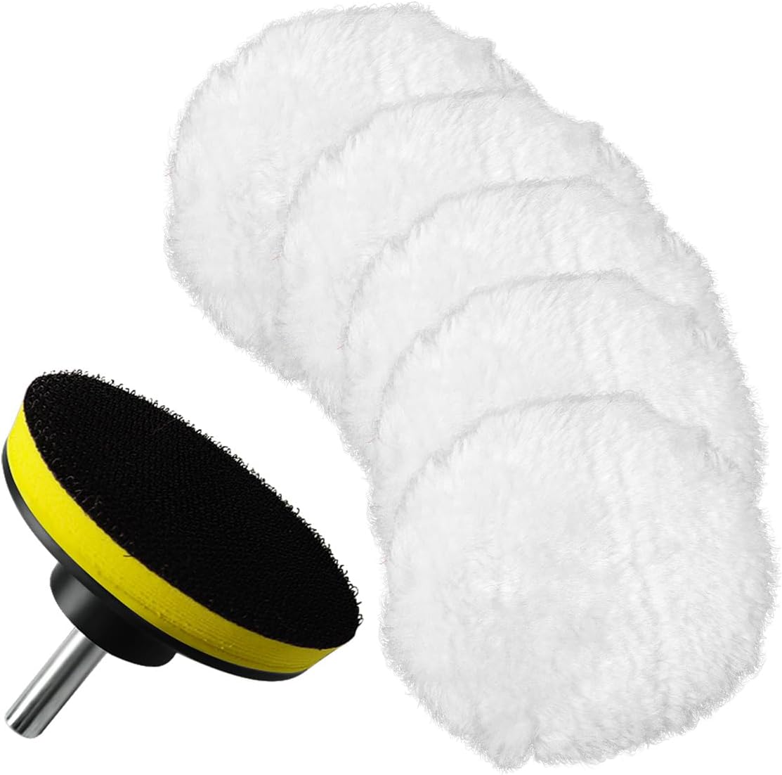 Quadafy 7 piece 3 inch wool buffing pad set with drill adapter front view for automotive detailing