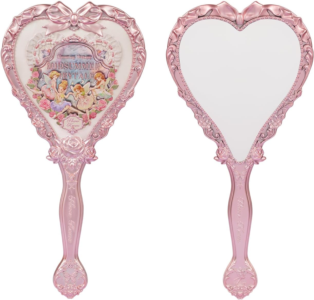 Flower Knows Midsummer Fairytales Hand Mirror front view featuring White Vanilla vintage heart design.