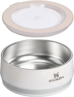 Insulated stainless steel dog dish with splash resistant lid closed.