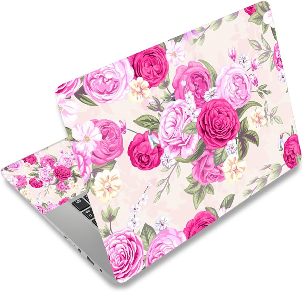Happylive Shopping Pink Flowers laptop skin sticker front view featuring premium protective vinyl cover for notebooks.
