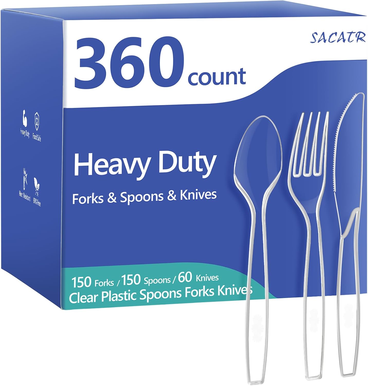 Dipoo SACATR plastic silverware heavy duty three hundred sixty count front view of packaging box showing clear disposable forks spoons and knives