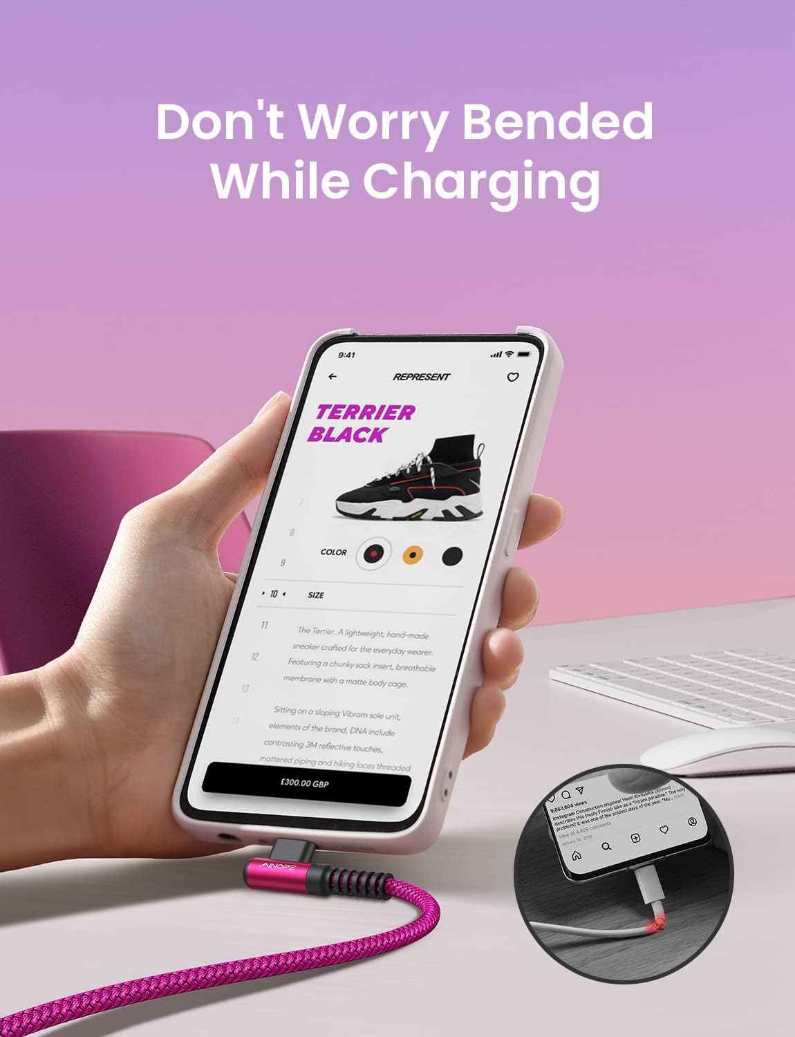 AINOPE USB to USB C cable connected to mobile phone