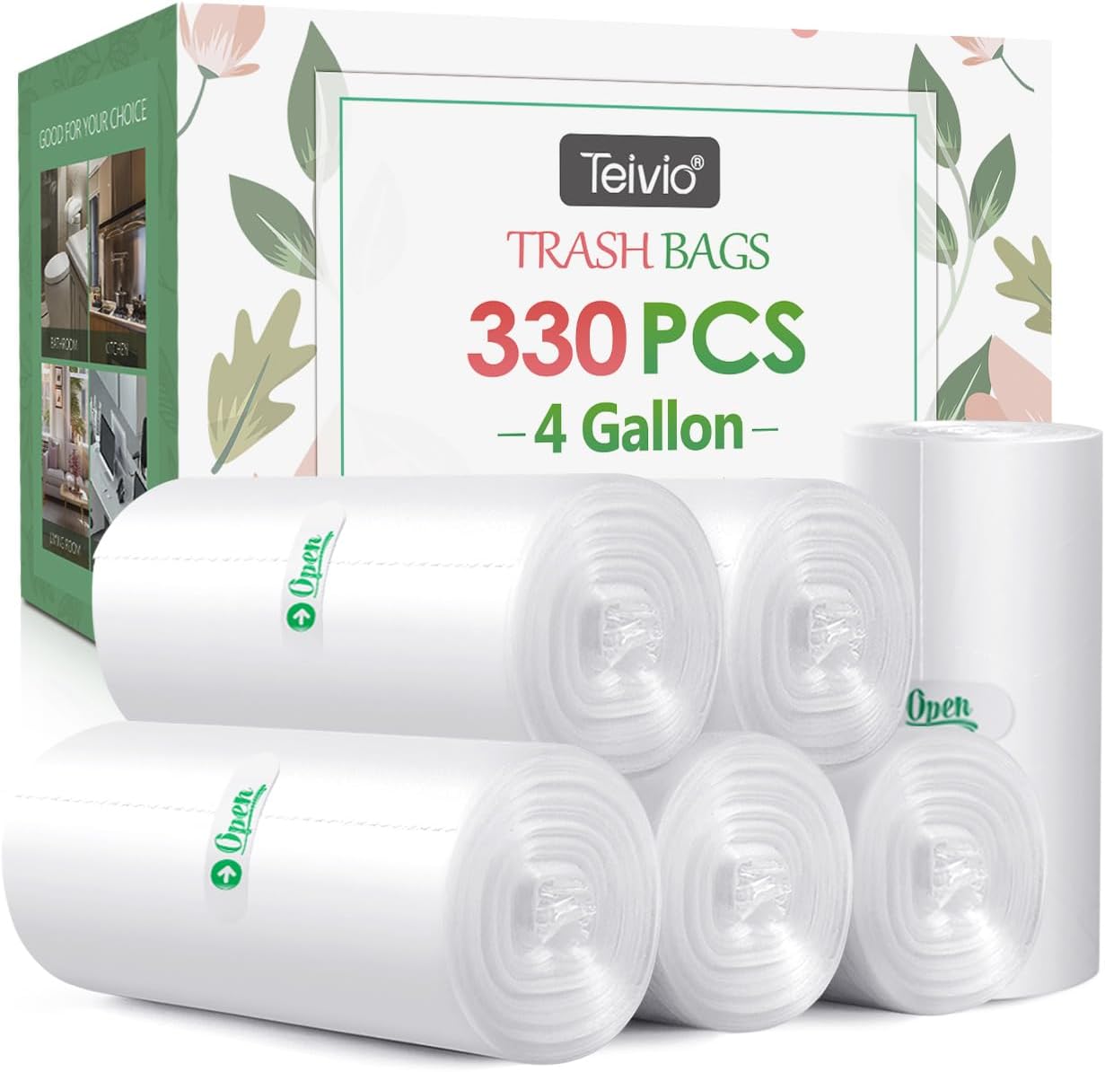 Teivio 4 gallon clear trash bags front view retail packaging