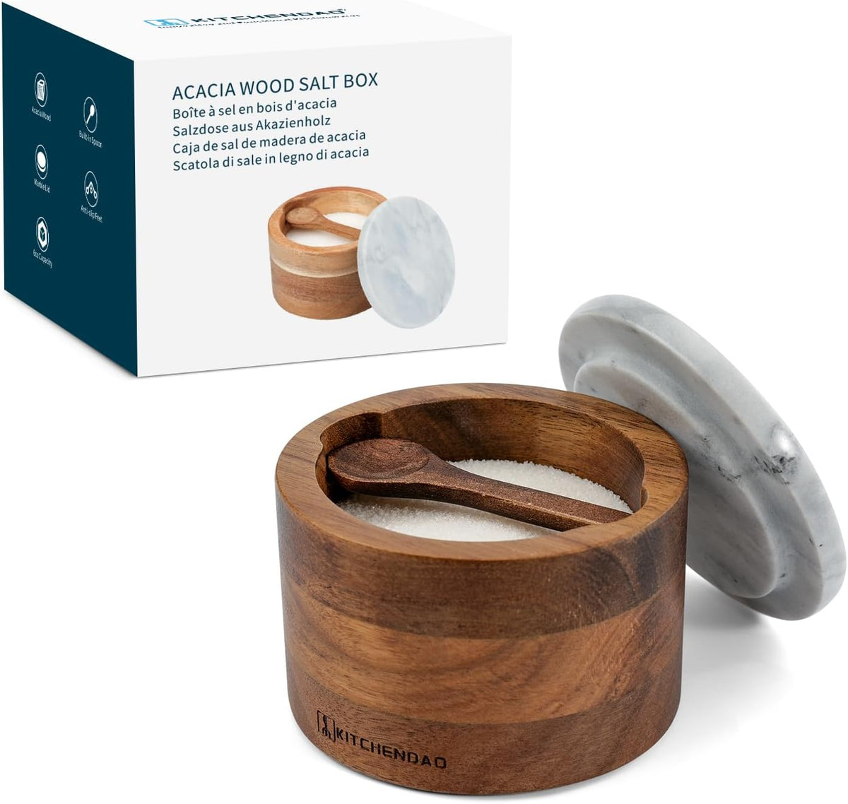 KITCHENDAO Bamboo Salt Cellar Bowl Box Container with Built-in Spoon, Elegant Kitchen Salt Dish Holder Saver Jar with Swivel Magnetic Lid to Storage Pepper Spice, 6OZ - Image 9