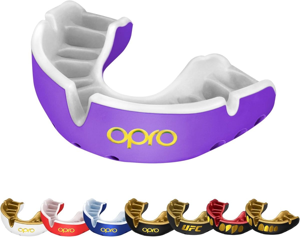 Opro Gold Level mouth guard front view in purple and pearl