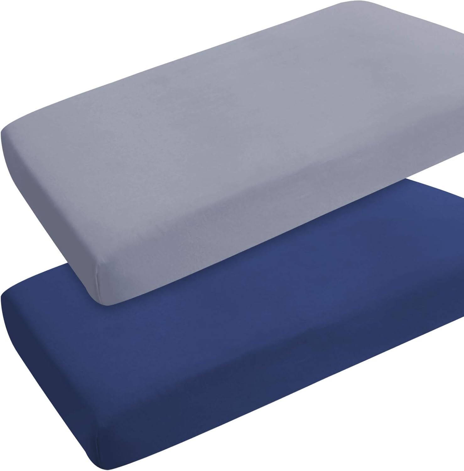 Coldwind pack and play sheets grey and navy two pack front view on mattress
