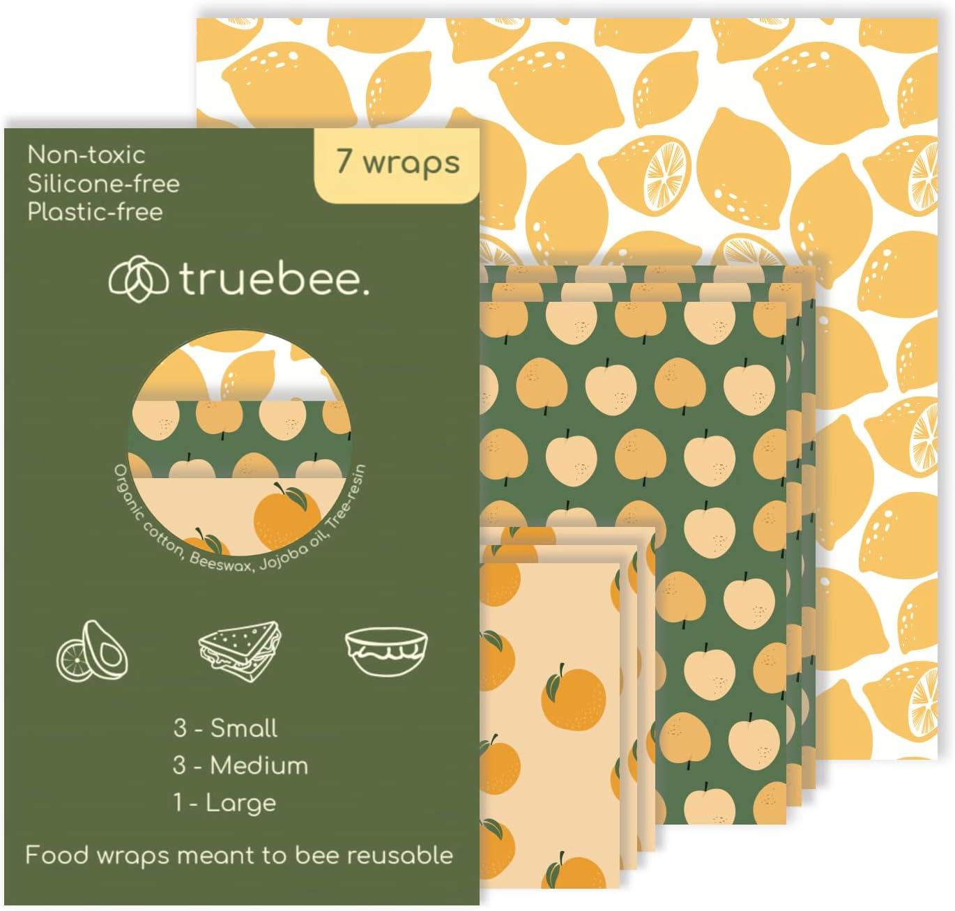 Truebee Reusable Beeswax Food Wraps 7 Pack Summer Orchard front view