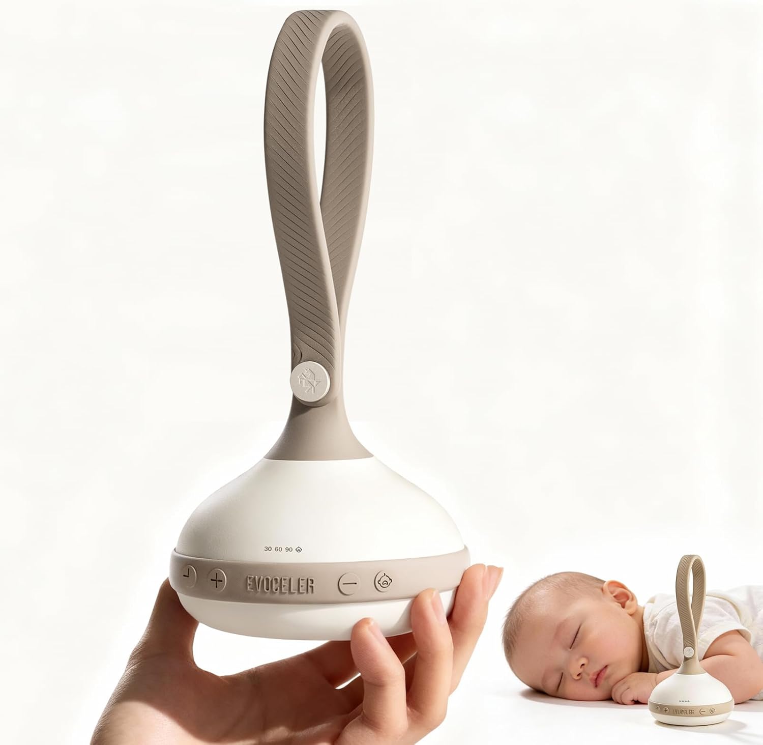 Evoceler portable white noise sound machine front view showing beige water-drop design and buttons.