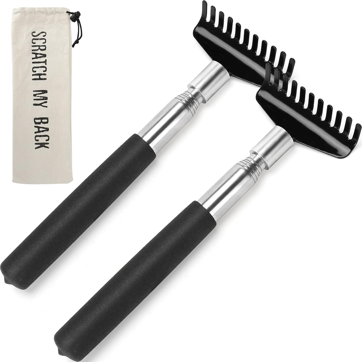 Flanker-L extendable back scratcher set front view showing two black telescoping tools and canvas bag.