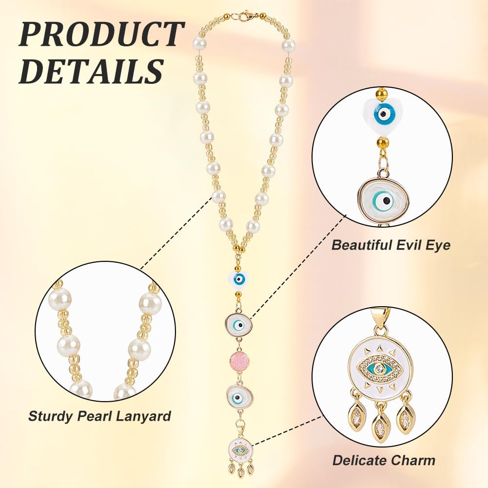 Close up view of the brass cubic zirconia and blue evil eye pendant detailing.