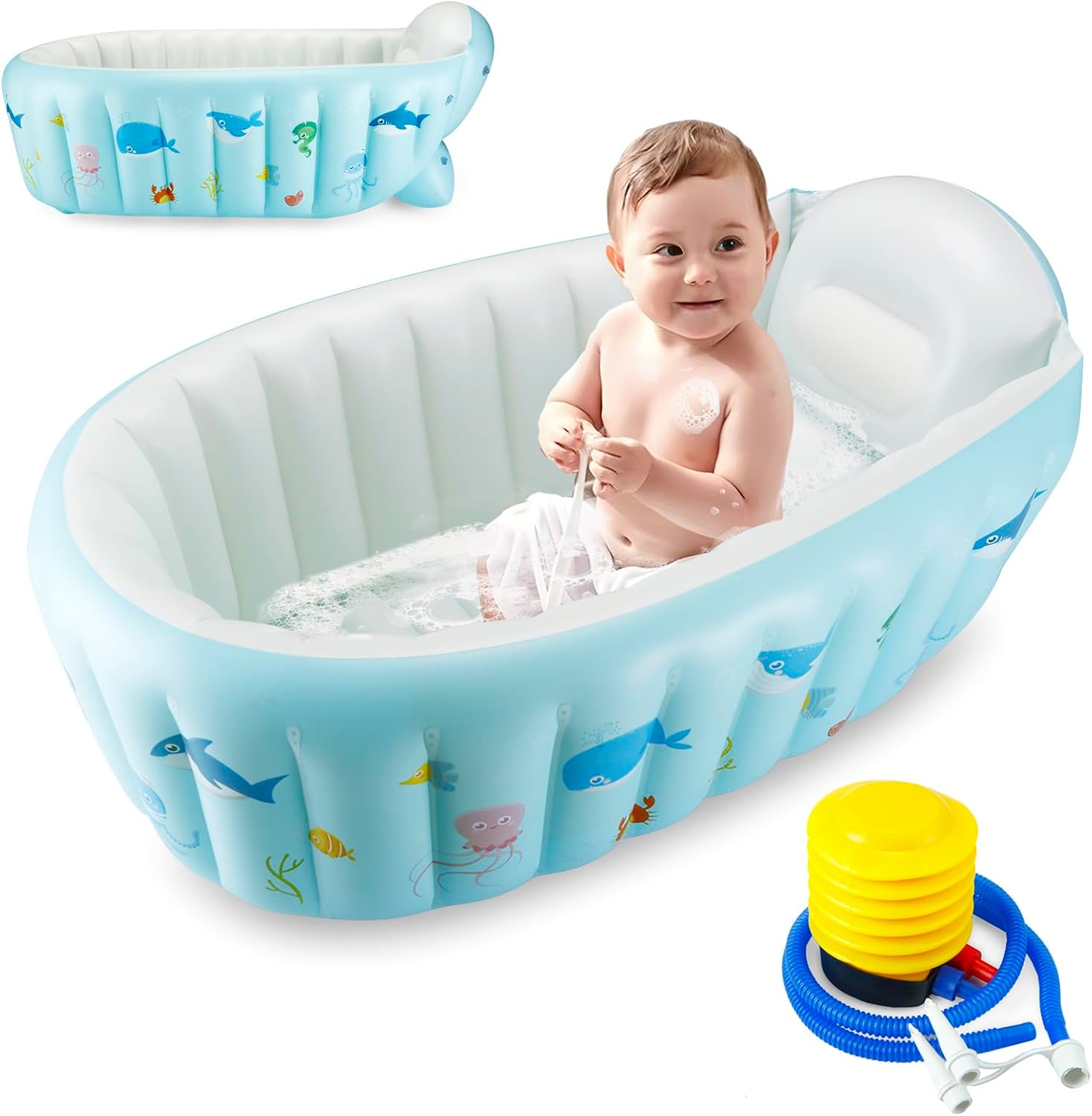 PandaEar Baby Inflatable Bathtub front view in Whale Blue