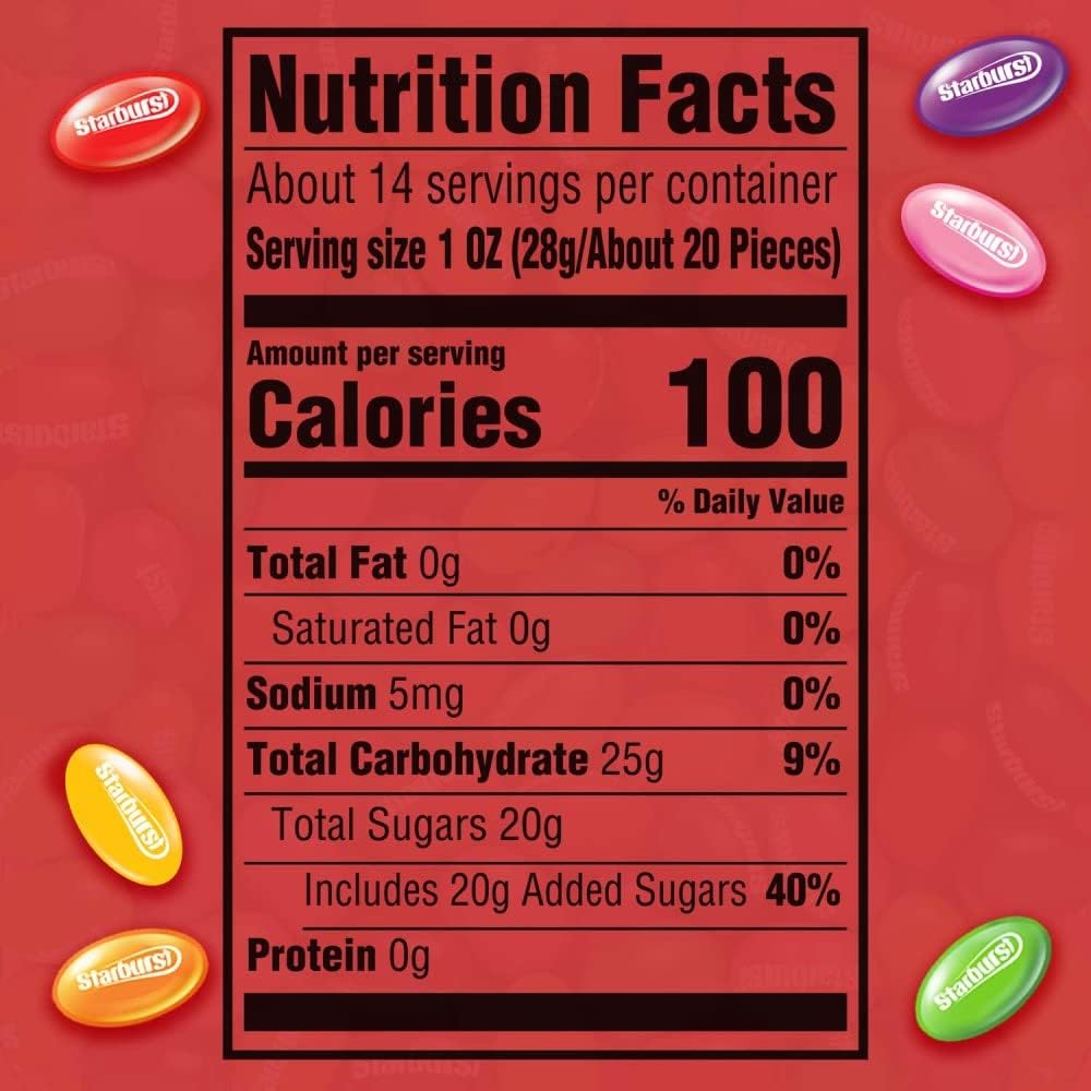Assorted colorful fruit flavored Starburst jelly beans spilled out on a table highlighting strawberry and lemon flavors.
