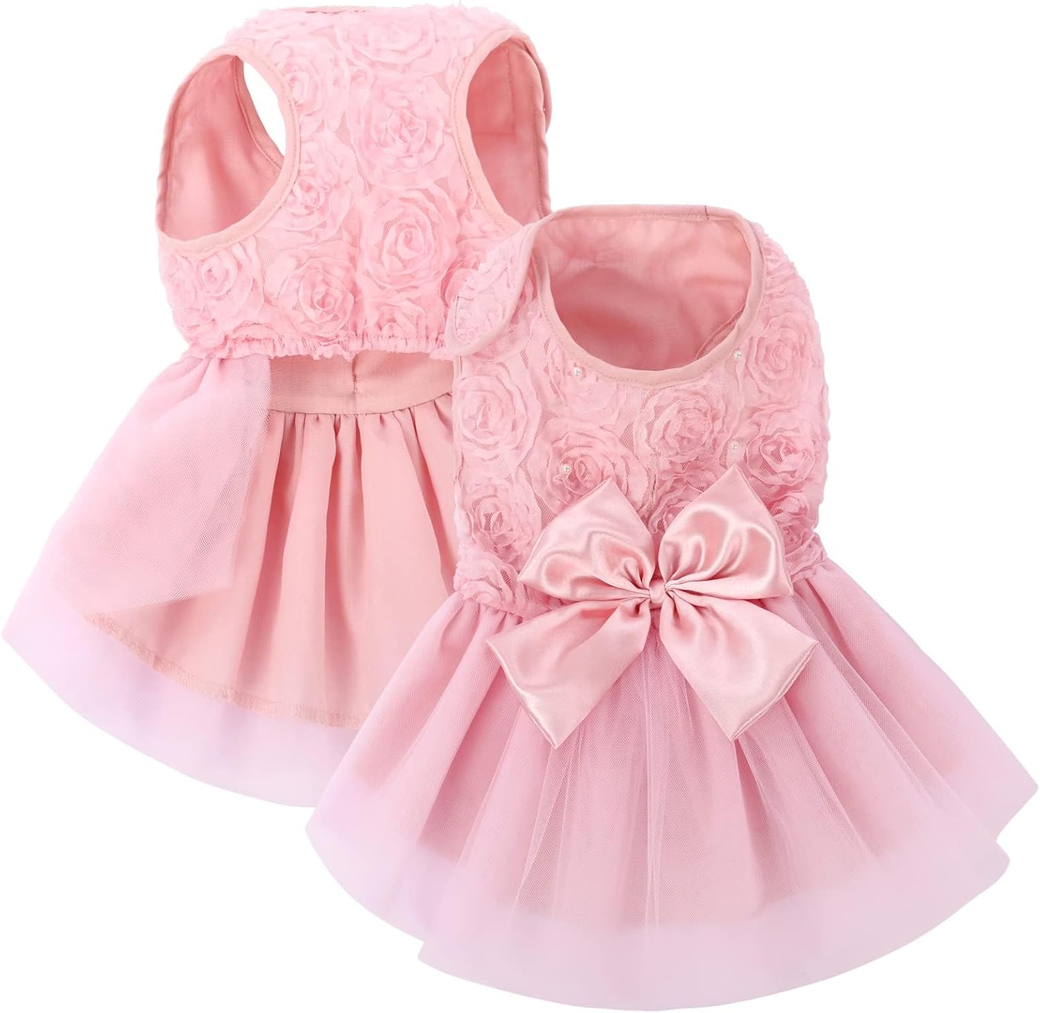 ASENKU Dog Dress front view showcasing the pink rose-patterned lace bodice and pearl details on a puppy.