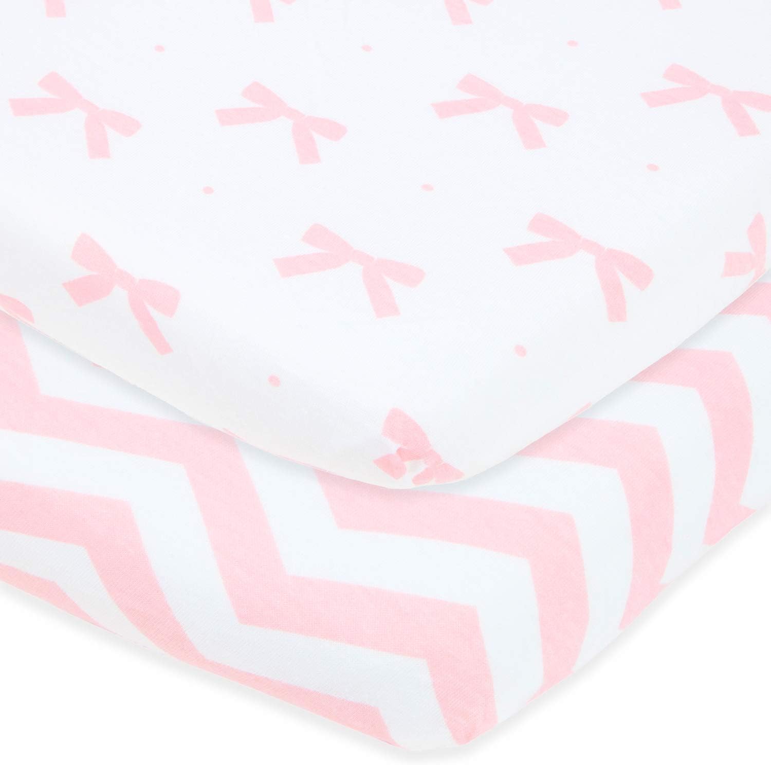 Joey and Joan pack and play sheets front view showing pink bows design.