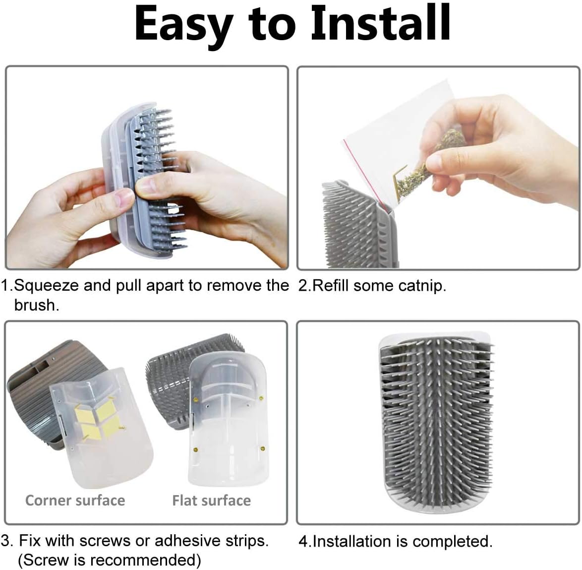 Yuntop pet self groomer mounted on a wall corner with catnip compartment open