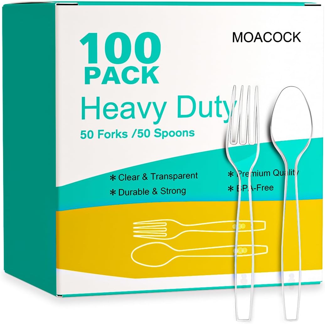 Moacock heavy weight plastic silverware set front view of clear disposable forks and spoons packaging