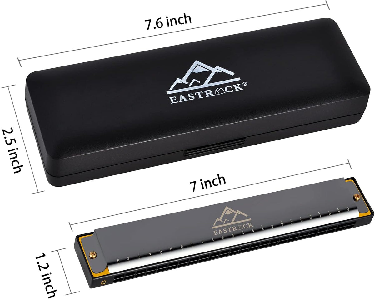 EastRock 24-hole harmonica displayed with its included cleaning cloth and case.