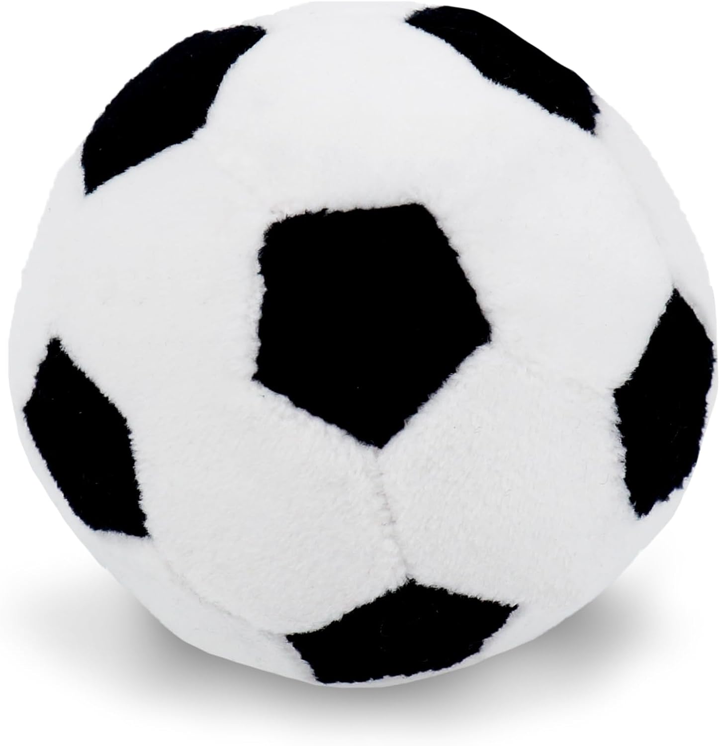 June Garden My First Soccer Ball plush baby rattle front view showing classic black and white design