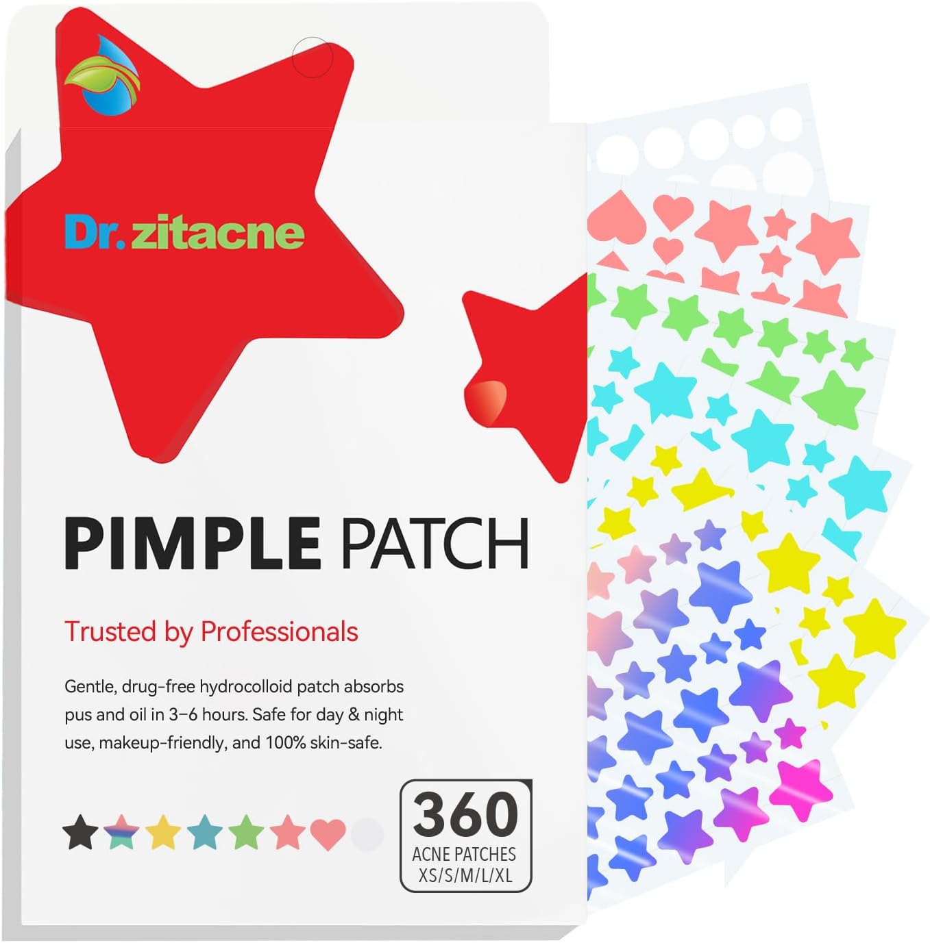 Dr. Zitacne Hey Teen Hydrocolloid Pimple Patches front view showing colorful star shaped acne stickers for facial blemishes.