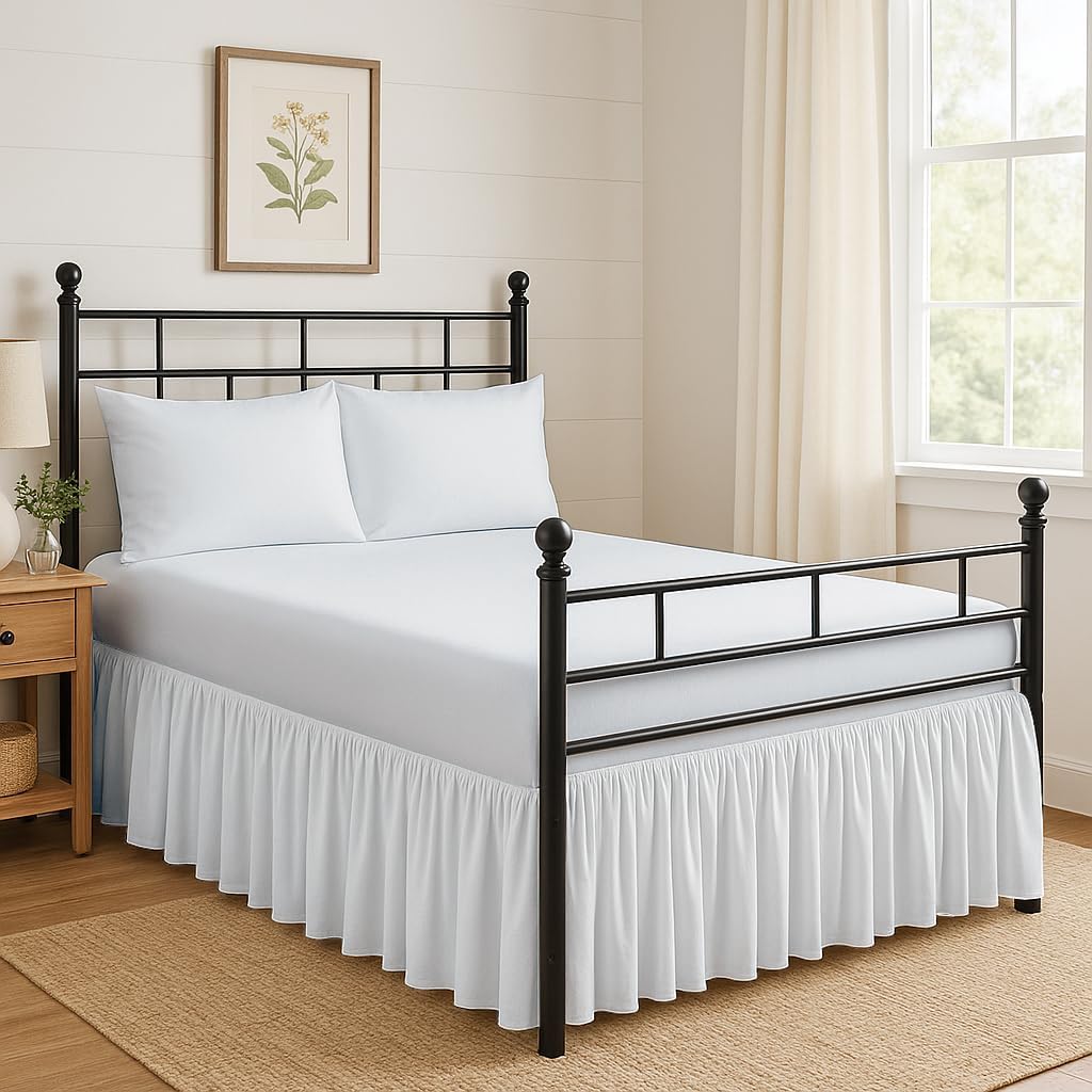 Exotic Linen ruffled bed skirt in white front view